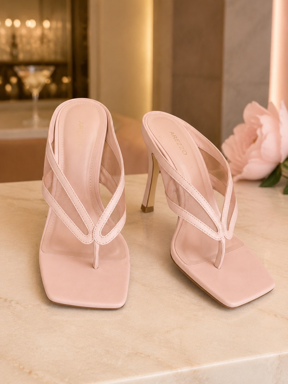 Blush Pink Square-Toe Thong Heels